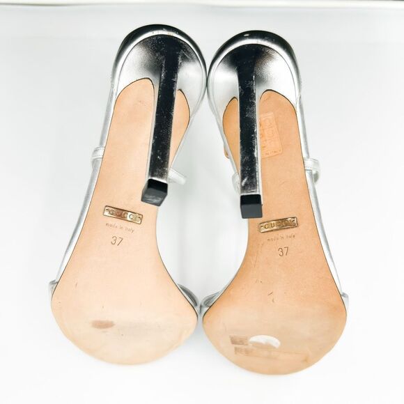 Gucci GG Crystal Metallic Silver Leather Sandals Heels EU 37 US 7 - Picture 9 of 14